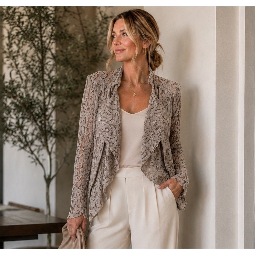 INC Lace Bomber Style Jacket M/L Open Front Cardigan Fairycore Sweater Cocktail